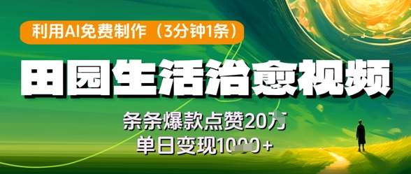 利用AI免费制作田园生活治愈视频，条条爆款点赞20W，单日变现几张插图零零网创资源网-最新赚钱项目