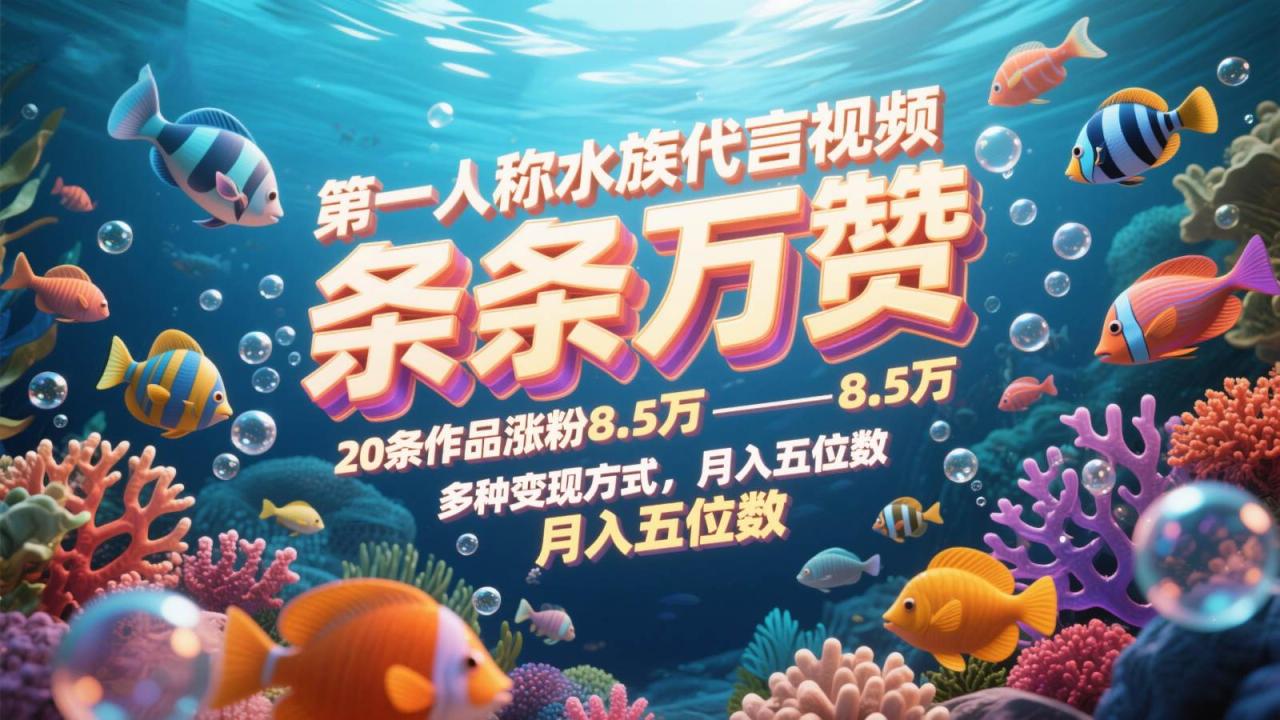 第一人称水族代言视频，条条万赞，20条作品涨粉8.5万，多种变现方式月，入五位数插图零零网创资源网-最新赚钱项目