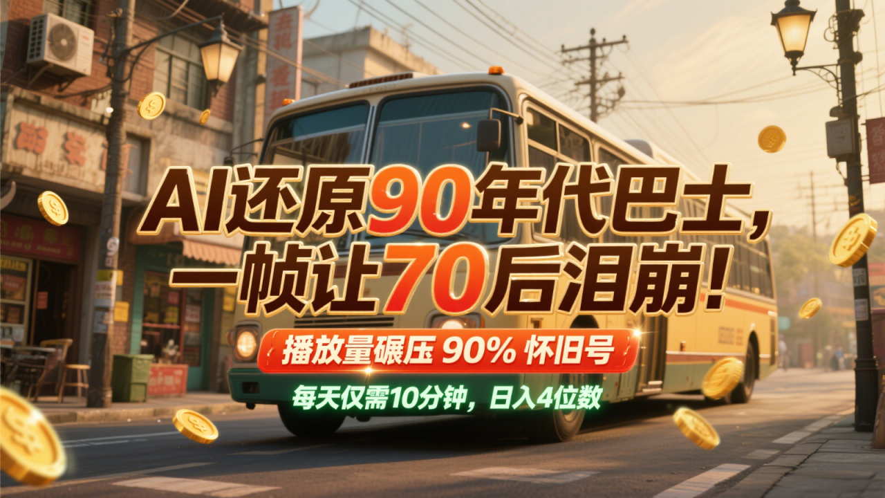 AI还原90年代巴士，一帧让70后泪崩！播放量碾压90%怀旧号，每天10分钟，日入4位数插图零零网创资源网-最新赚钱项目
