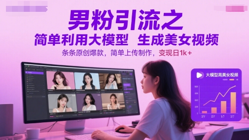 男粉引流之简单利用大模型生成美女视频，条条原创爆款，简单上传制作，变现日1k+插图零零网创资源网-最新赚钱项目