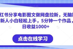 小红书分享电影图文做网盘拉新，无脑搬运新人小白轻松上手，5分钟一个作品，日收益1000+【揭秘】