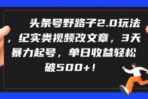 （9488期）头条号野路子2.0玩法，纪实类视频改文章，3天暴力起号，单日收益轻松破500+