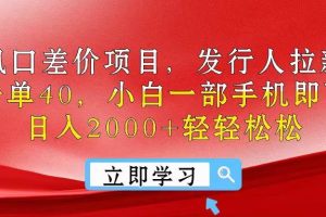 （10827期）风口差价项目，发行人拉新，差价一单40，小白一部手机即可操作，日入20…