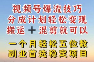 视频号爆流技巧，分成计划轻松变现，搬运 +混剪就可以，一个月轻松五位数稳定项目【揭秘】