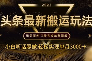 2025年今日头条最新搬运玩法，无需原创3秒完成视频轻松实现单月3000＋